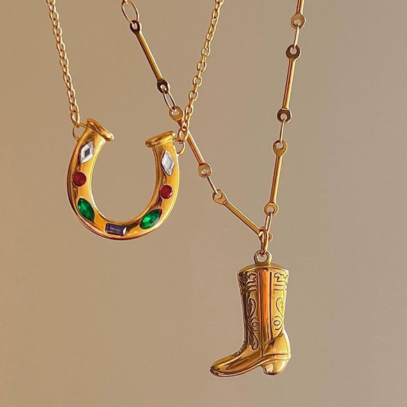 Wholesale Unisex Stainless Steel O Chain Necklace With Geometric Ushaped Pendant Electroplated And Inlaid Zircon Featuring Rainbow And Horseshoe Lucky Symbol