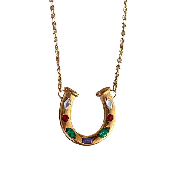 Wholesale Unisex Stainless Steel O Chain Necklace With Geometric Ushaped Pendant Electroplated And Inlaid Zircon Featuring Rainbow And Horseshoe Lucky Symbol