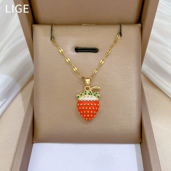 Wholesale Unisex Strawberry Geometric Full Diamond Necklace Made Of Titanium Steel And Copper
