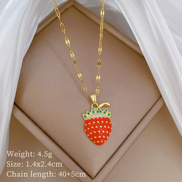 Wholesale Unisex Strawberry Geometric Full Diamond Necklace Made Of Titanium Steel And Copper