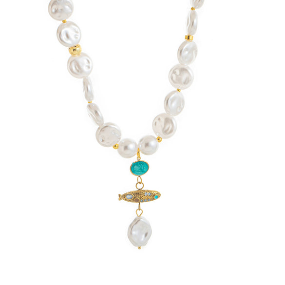 Wholesale Unisex Titanium Steel Zircon Small Fish Pearl Pendant Necklace And Earrings In Baroque And Minimalist Style