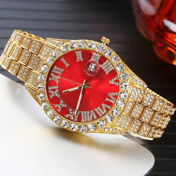 Wholesale Universal Metal Case Stainless Steel Band Round Dial Quartz Watch With Full Diamond Sparkling