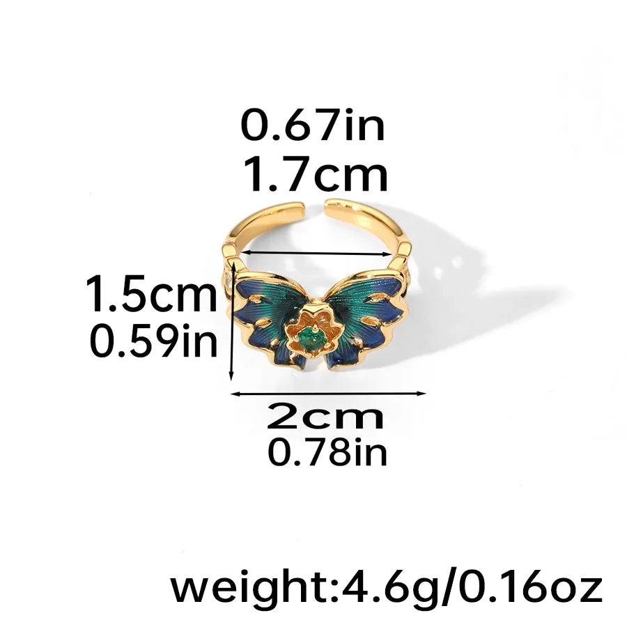 Wholesale Vacation Butterfly Copper Enamel Inlay 18K Gold Plated Zircon Open Rings