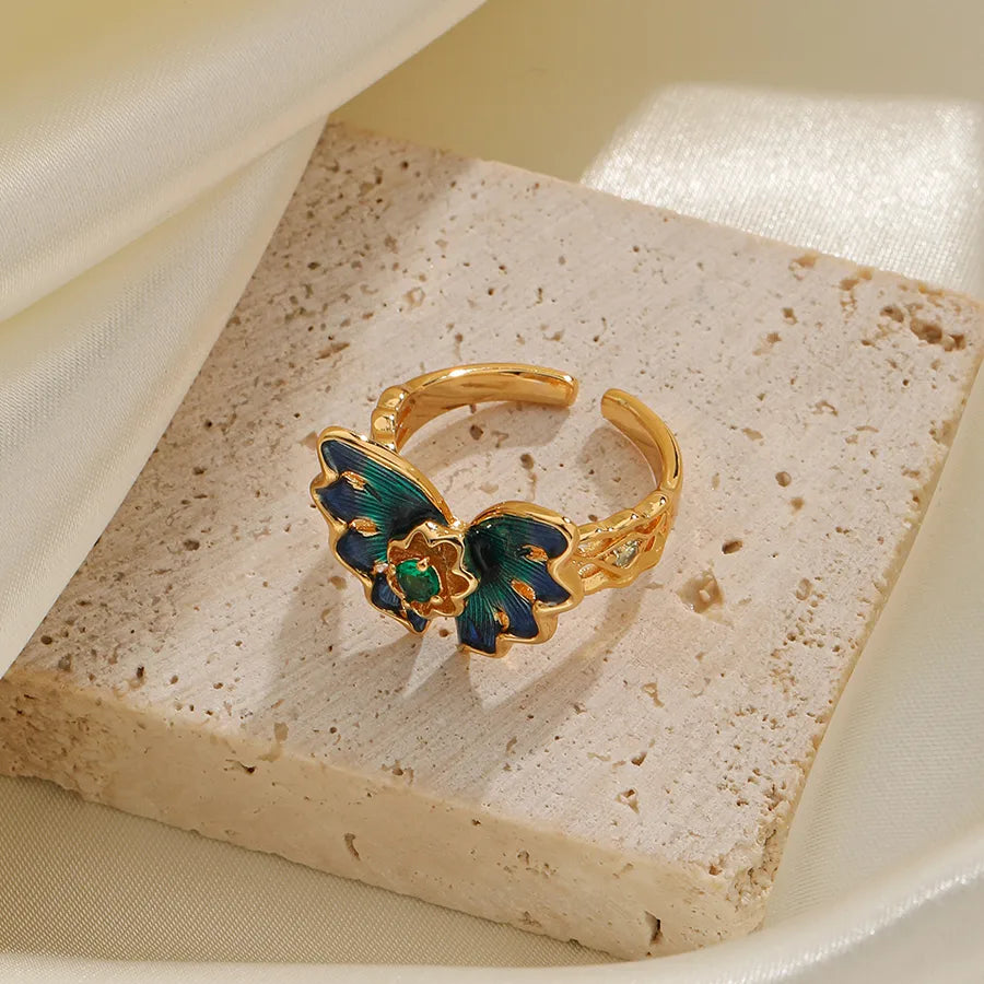 Wholesale Vacation Butterfly Copper Enamel Inlay 18K Gold Plated Zircon Open Rings