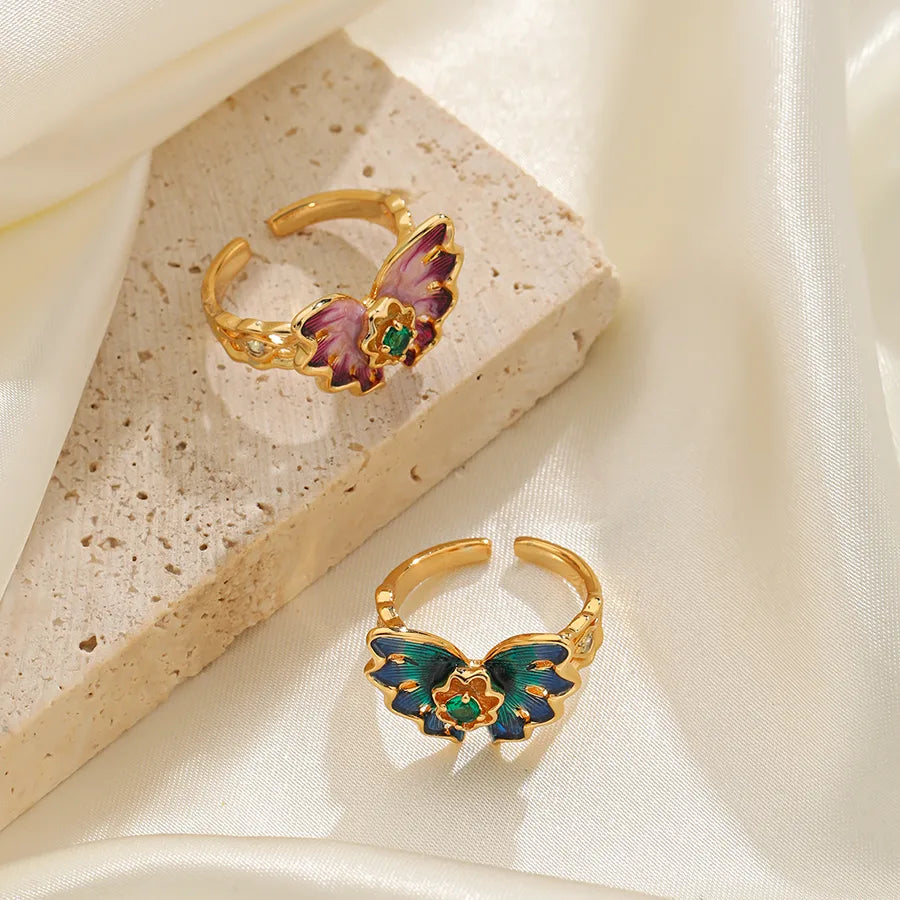 Wholesale Vacation Butterfly Copper Enamel Inlay 18K Gold Plated Zircon Open Rings