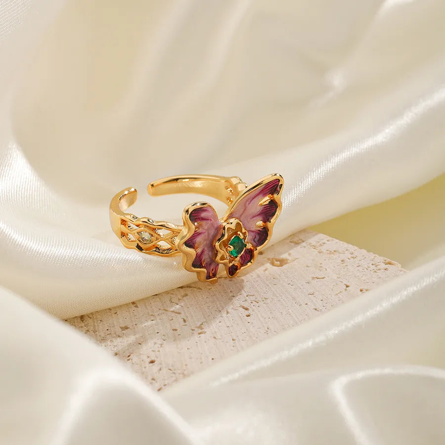 Wholesale Vacation Butterfly Copper Enamel Inlay 18K Gold Plated Zircon Open Rings