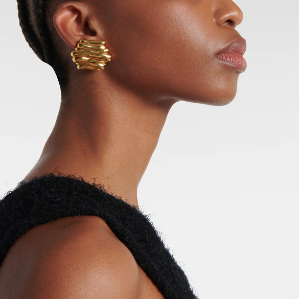 Wholesale Versatile Geometric Exaggerated Retro Glossy Asymmetrical Striped Copper Electroplated Women's Earrings