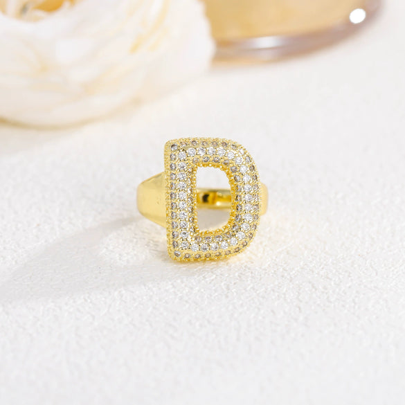 Wholesale Versatile Light Luxury Hand Jewelry Copper Letter Rings Inlaid With Zircon And Electroplated