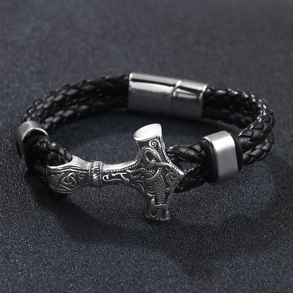 Wholesale Viking Jewelry Cowhide Rope Bracelet Alloy Magnetic Buckle Geometric Style Electroplated For Men
