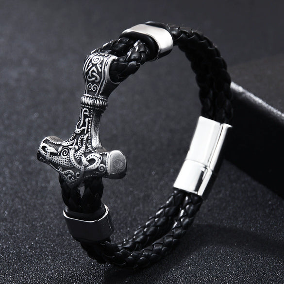 Wholesale Viking Jewelry Cowhide Rope Bracelet Alloy Magnetic Buckle Geometric Style Electroplated For Men