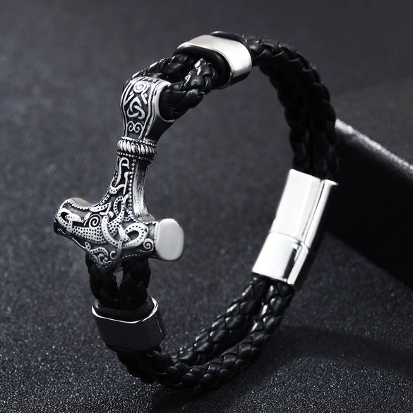 Wholesale Viking Jewelry Cowhide Rope Bracelet Alloy Magnetic Buckle Geometric Style Electroplated For Men
