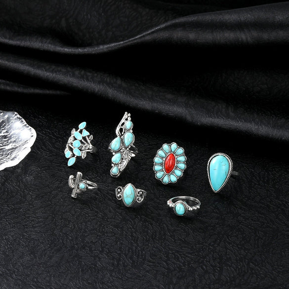 Wholesale Vintage Bohemian Dropshaped Carved Hollow Ring Set For Women Alloy Material With Geometric And Leaf Pattern Electroplated