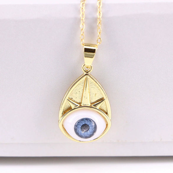 Wholesale Vintage Devil's Eye Resin Pendant Necklace With Copper Mixed Gem Inlay Drop Shape Electroplating Water Wave Chain Unisex