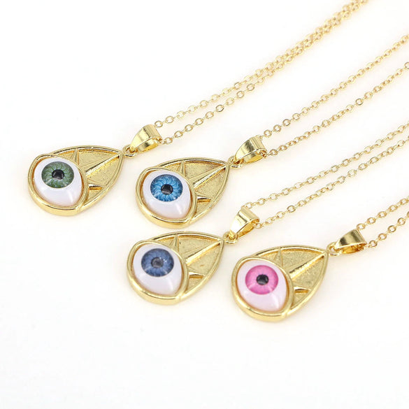 Wholesale Vintage Devil's Eye Resin Pendant Necklace With Copper Mixed Gem Inlay Drop Shape Electroplating Water Wave Chain Unisex