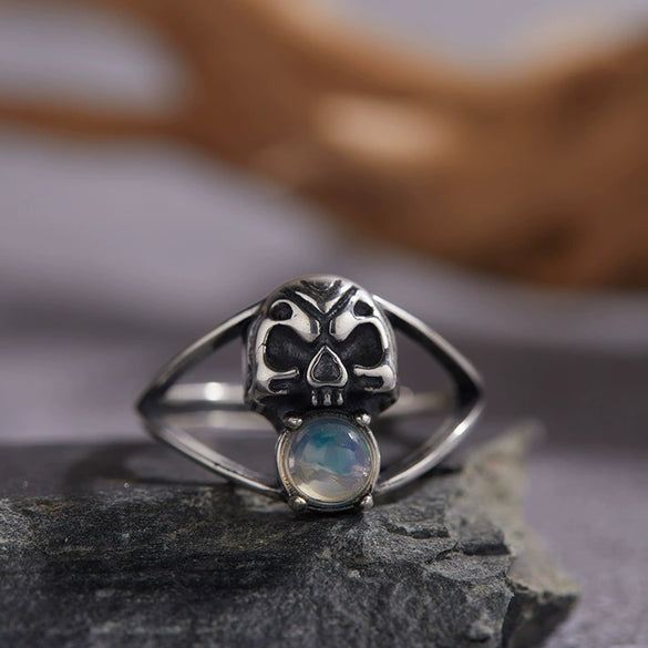 Wholesale Vintage Distressed S925 Sterling Silver Skull Ring Set With Precious Stones