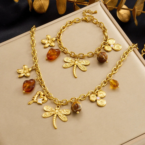 Wholesale Vintage Electroplated Stainless Steel Jewelry Set With Dragonfly And Butterfly Patterns For Women