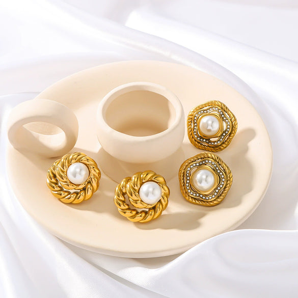 Wholesale Vintage Fashion Women's Stainless Steel Gold Stud Earrings With Round Inlaid Pearl Zircon And 18K Vacuum Plating In Furnace Geometric Design
