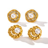 Wholesale Vintage Fashion Women's Stainless Steel Gold Stud Earrings With Round Inlaid Pearl Zircon And 18K Vacuum Plating In Furnace Geometric Design