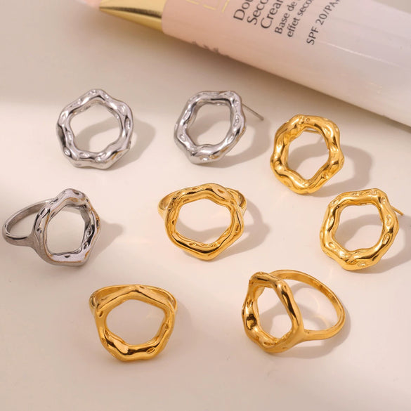 Wholesale Vintage Ferris Wheel Niche Ring And Earrings Set Stainless Steel 18K Gold Plated Women's Jewelry
