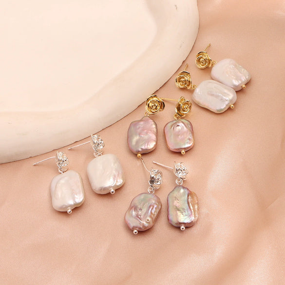 Wholesale Vintage Freshwater Pearl Baroque Copper Flower Earrings For Women