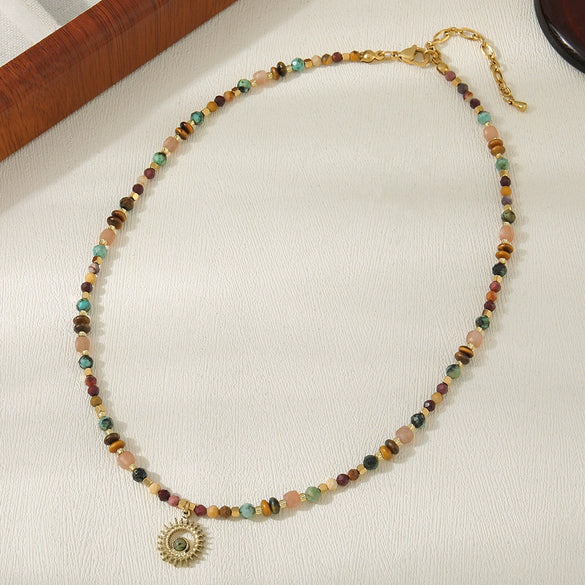 Wholesale Vintage Geometric Handmade Beaded Necklace With Tiger Eye Sunflower Pendant Titanium Steel For Women
