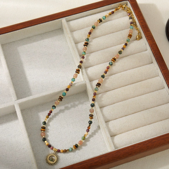 Wholesale Vintage Geometric Handmade Beaded Necklace With Tiger Eye Sunflower Pendant Titanium Steel For Women