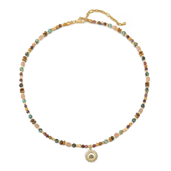 Wholesale Vintage Geometric Handmade Beaded Necklace With Tiger Eye Sunflower Pendant Titanium Steel For Women
