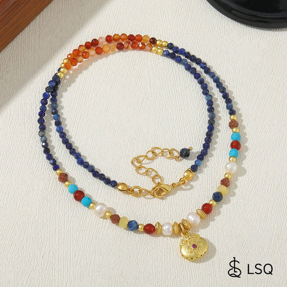 Wholesale Vintage Geometric Handmade Necklace With Lapis Lazuli Red Agate Natural Freshwater Pearls And Copper