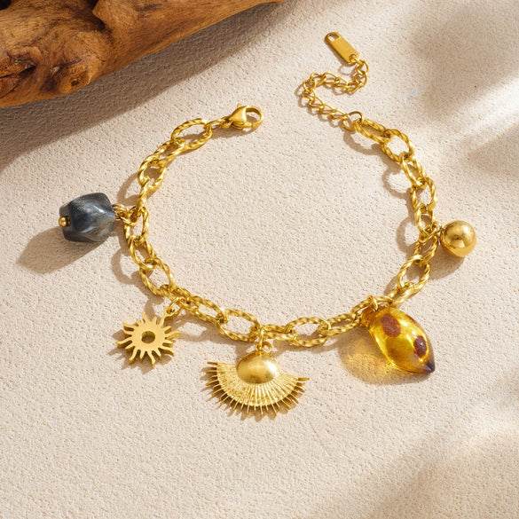 Wholesale Vintage Geometric Leopard Print Fanshaped Goldplated Sun Pendant Stainless Steel Beaded Bracelet For Women
