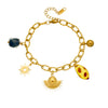 Wholesale Vintage Geometric Leopard Print Fanshaped Goldplated Sun Pendant Stainless Steel Beaded Bracelet For Women