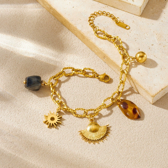 Wholesale Vintage Geometric Leopard Print Fanshaped Goldplated Sun Pendant Stainless Steel Beaded Bracelet For Women
