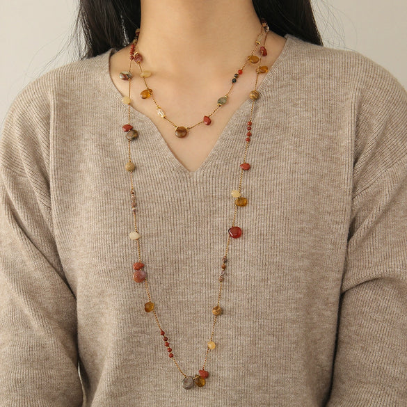 Wholesale Vintage Geometric Natural Stone Agate Tiger Eye Stone Handmade Women's Sweater Chain Necklace