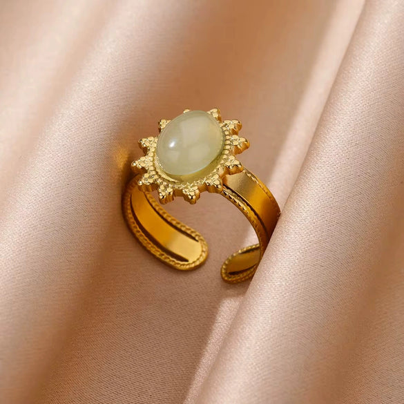 Wholesale Vintage Geometric Natural Stone Inlaid Stainless Steel Open Ring With Electroplating
