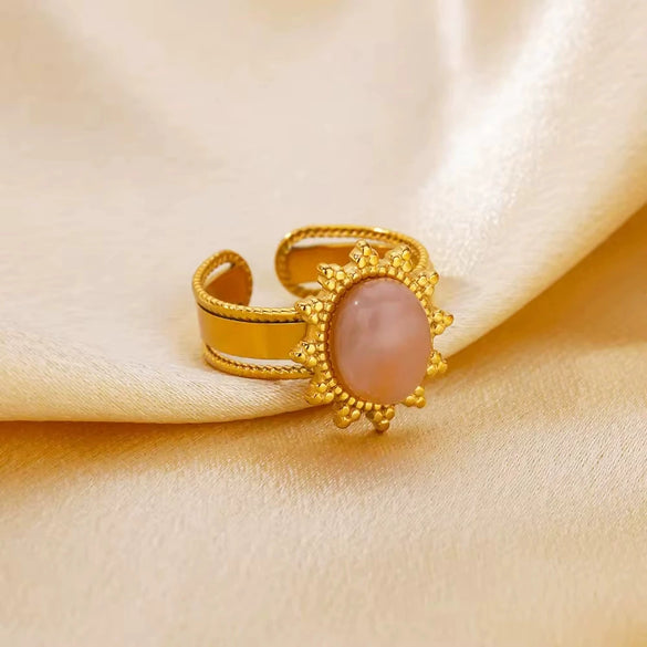 Wholesale Vintage Geometric Natural Stone Inlaid Stainless Steel Open Ring With Electroplating