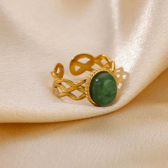 Wholesale Vintage Geometric Natural Stone Inlaid Stainless Steel Open Ring With Electroplating