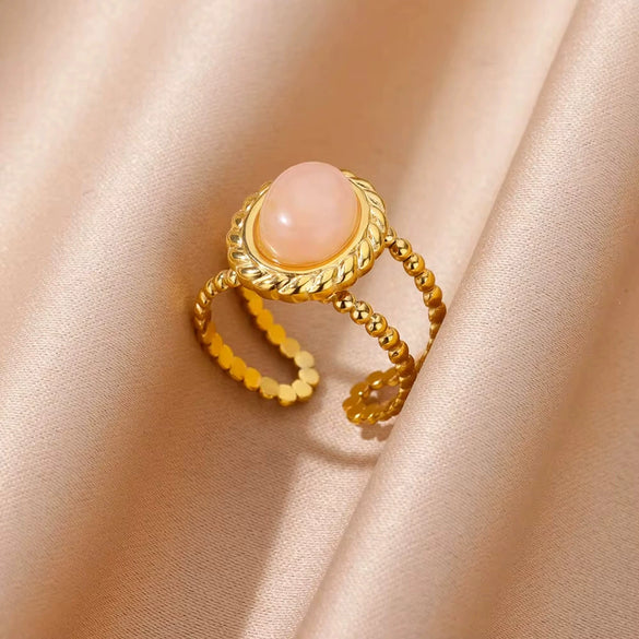 Wholesale Vintage Geometric Natural Stone Inlaid Stainless Steel Open Ring With Electroplating