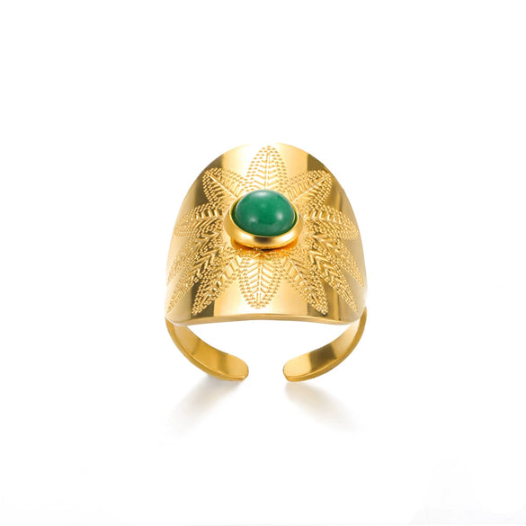 Wholesale Vintage Geometric Natural Stone Stainless Steel Ring Electroplated 18K Gold For Women