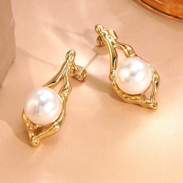 Wholesale Vintage Geometric Pearl Stainless Steel Electroplated Earrings For Women