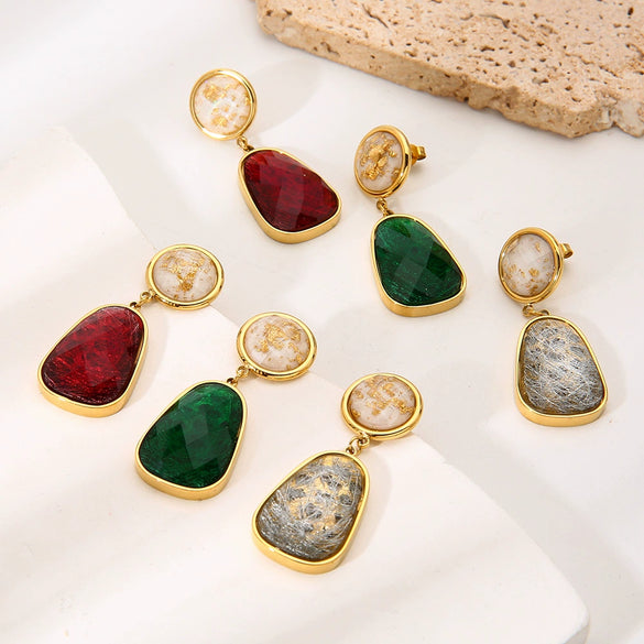 Wholesale Vintage Geometric Stainless Steel 18K Gold Plated Brushed Glass Inlaid Earrings For Women
