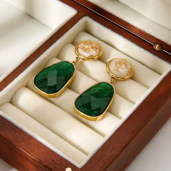 Wholesale Vintage Geometric Stainless Steel 18K Gold Plated Brushed Glass Inlaid Earrings For Women