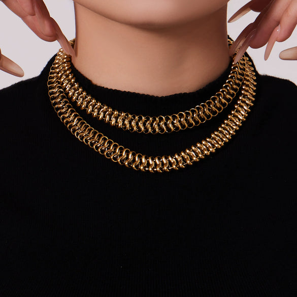 Wholesale Vintage Handmade Woven Stainless Steel Spliced Cuban Chain Necklace And Bracelet Set For Women Pvd Gold Plated