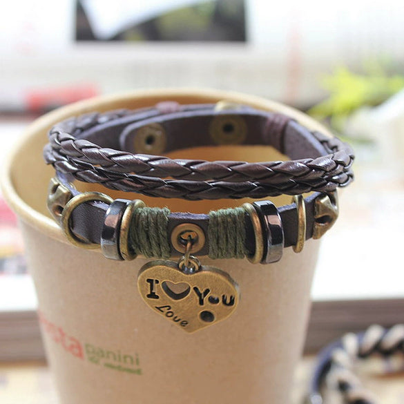 Wholesale Vintage Leather Woven Handmade Love Bracelet With Geometric Letters Numbers Text Design