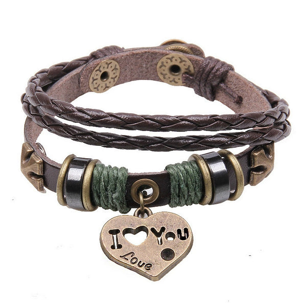 Wholesale Vintage Leather Woven Handmade Love Bracelet With Geometric Letters Numbers Text Design