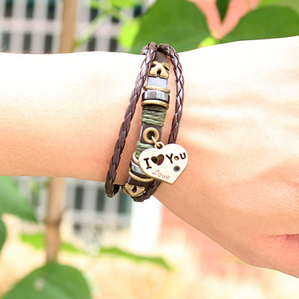 Wholesale Vintage Leather Woven Handmade Love Bracelet With Geometric Letters Numbers Text Design