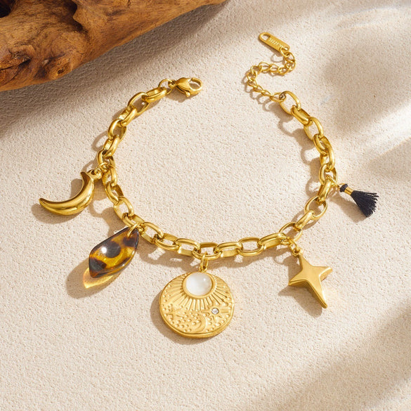 Wholesale Vintage Leopard Print Geometric Star Moon Pattern Embossed Stainless Steel Electroplated Bracelet For Women