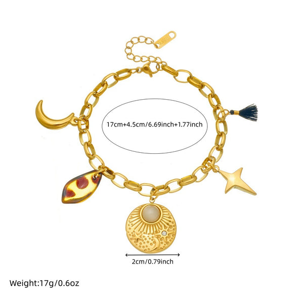 Wholesale Vintage Leopard Print Geometric Star Moon Pattern Embossed Stainless Steel Electroplated Bracelet For Women