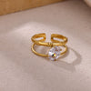Wholesale Vintage Light Luxury Gold Plated Geometric Ushaped Stainless Steel Zircon Crystal Green Multilayer Hollow Open Ring For Women