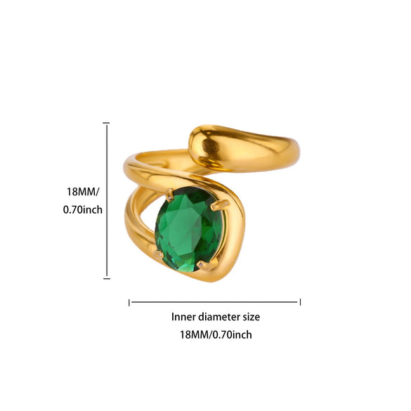 Wholesale Vintage Light Luxury Gold Plated Geometric Ushaped Stainless Steel Zircon Crystal Green Multilayer Hollow Open Ring For Women