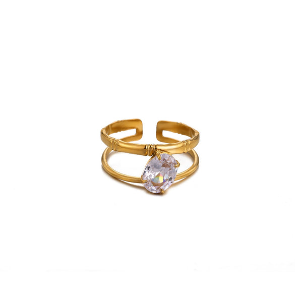 Wholesale Vintage Light Luxury Gold Plated Geometric Ushaped Stainless Steel Zircon Crystal Green Multilayer Hollow Open Ring For Women
