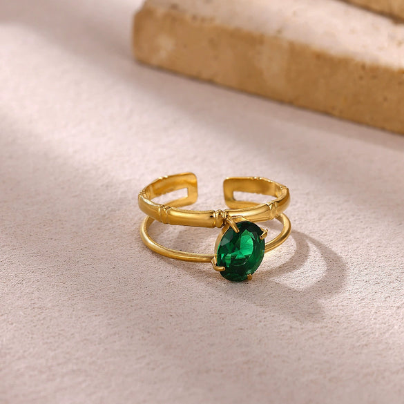 Wholesale Vintage Light Luxury Gold Plated Geometric Ushaped Stainless Steel Zircon Crystal Green Multilayer Hollow Open Ring For Women
